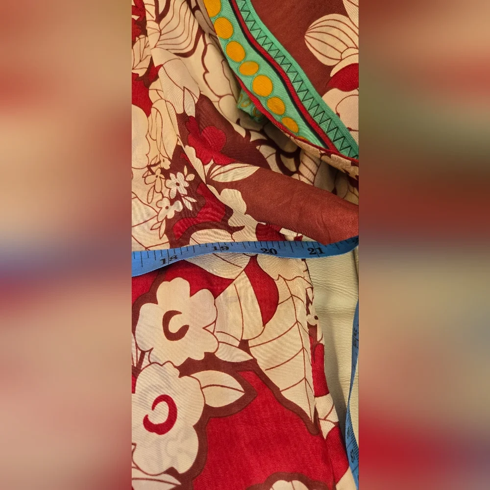 Johnny Was Red Floral Silk Blouse with Cream Print and Green Trim - Picture 8 of 11